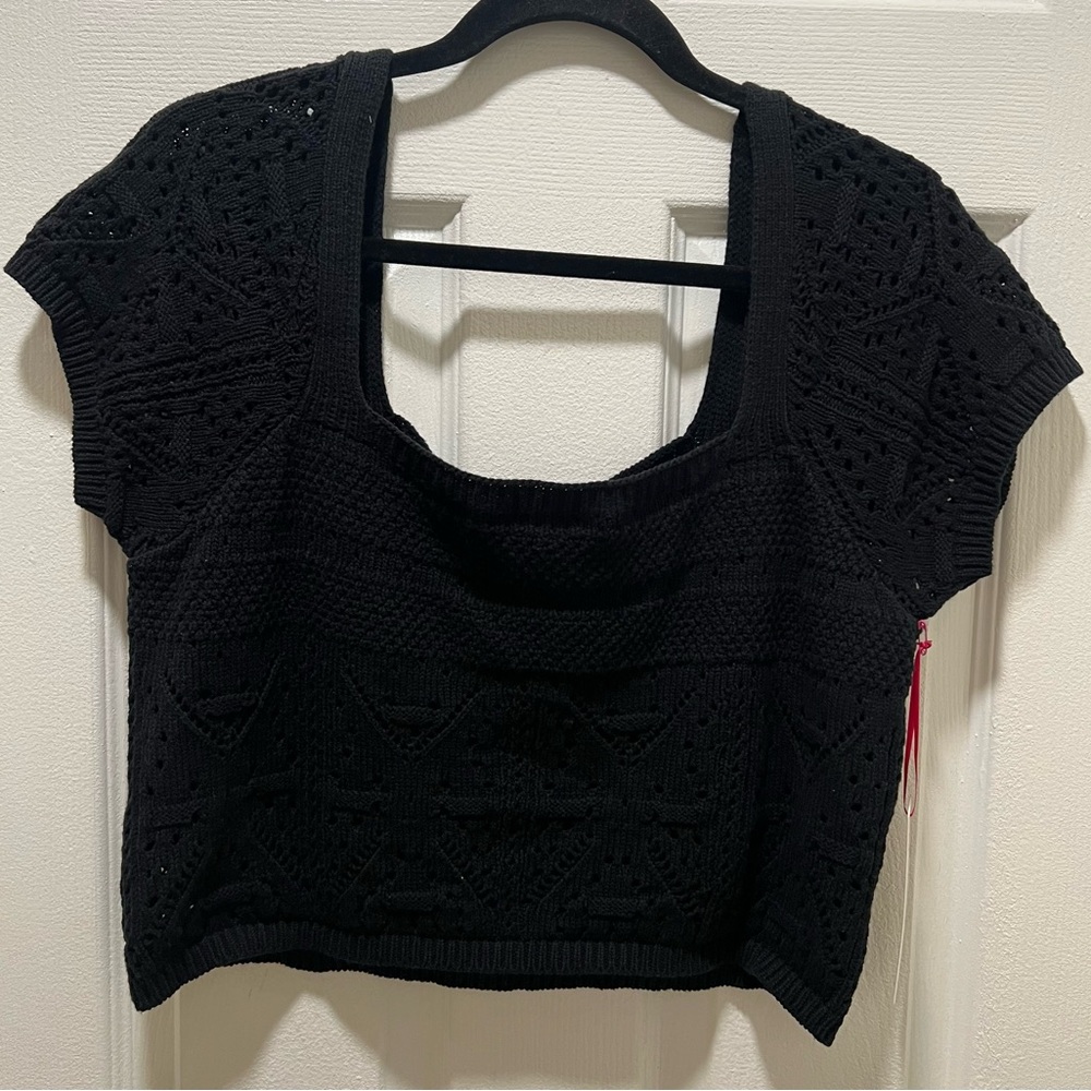 NWT Freshman Black Crochet Flutter Sleeve Crop Top  | Juniors X-Large